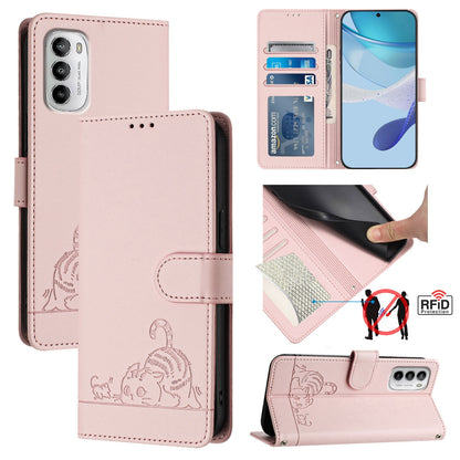 Motorola Moto G 5G 2022 Cat & Rat Embossed RFID Leather Case, Lanyard, Wallet, Card Slots, Kickstand, Anti-Fall, Scratch-Resistant