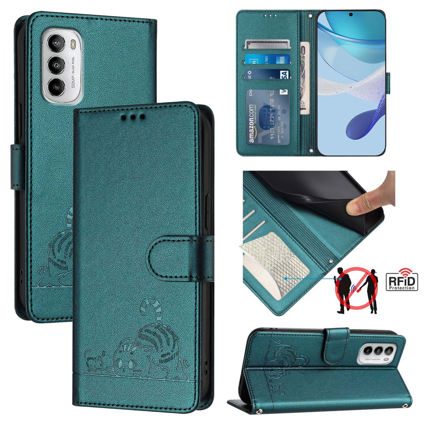 Motorola Moto G 5G 2022 Cat & Rat Embossed RFID Leather Case, Lanyard, Wallet, Card Slots, Kickstand, Anti-Fall, Scratch-Resistant