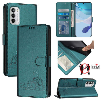 Motorola Moto G 5G 2022 Cat & Rat Embossed RFID Leather Case, Lanyard, Wallet, Card Slots, Kickstand, Anti-Fall, Scratch-Resistant