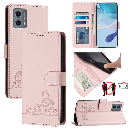 Motorola Moto G 5G 2023 Cat & Rat Embossed RFID Leather Case, Lanyard, Wallet, Card Slots, Kickstand, Anti-Fall, Scratch-Resistant