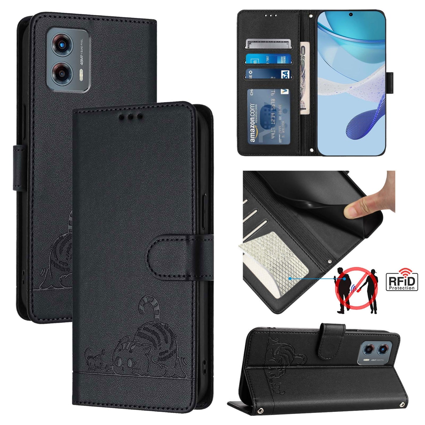 Motorola Moto G 5G 2023 Cat & Rat Embossed RFID Leather Case, Lanyard, Wallet, Card Slots, Kickstand, Anti-Fall, Scratch-Resistant