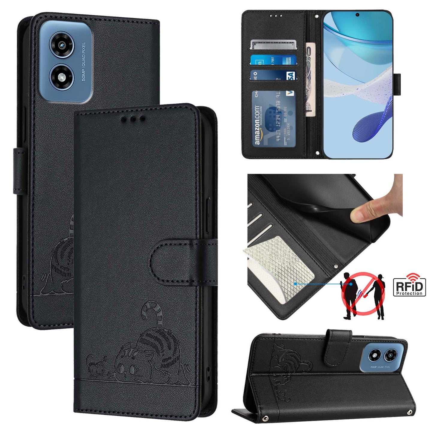 Motorola Moto G Play 4G 2024 Global Cat & Rat Embossed RFID Leather Case, Lanyard, Wallet, Card Slots, Kickstand, Anti-Fall, Scratch-Resistant