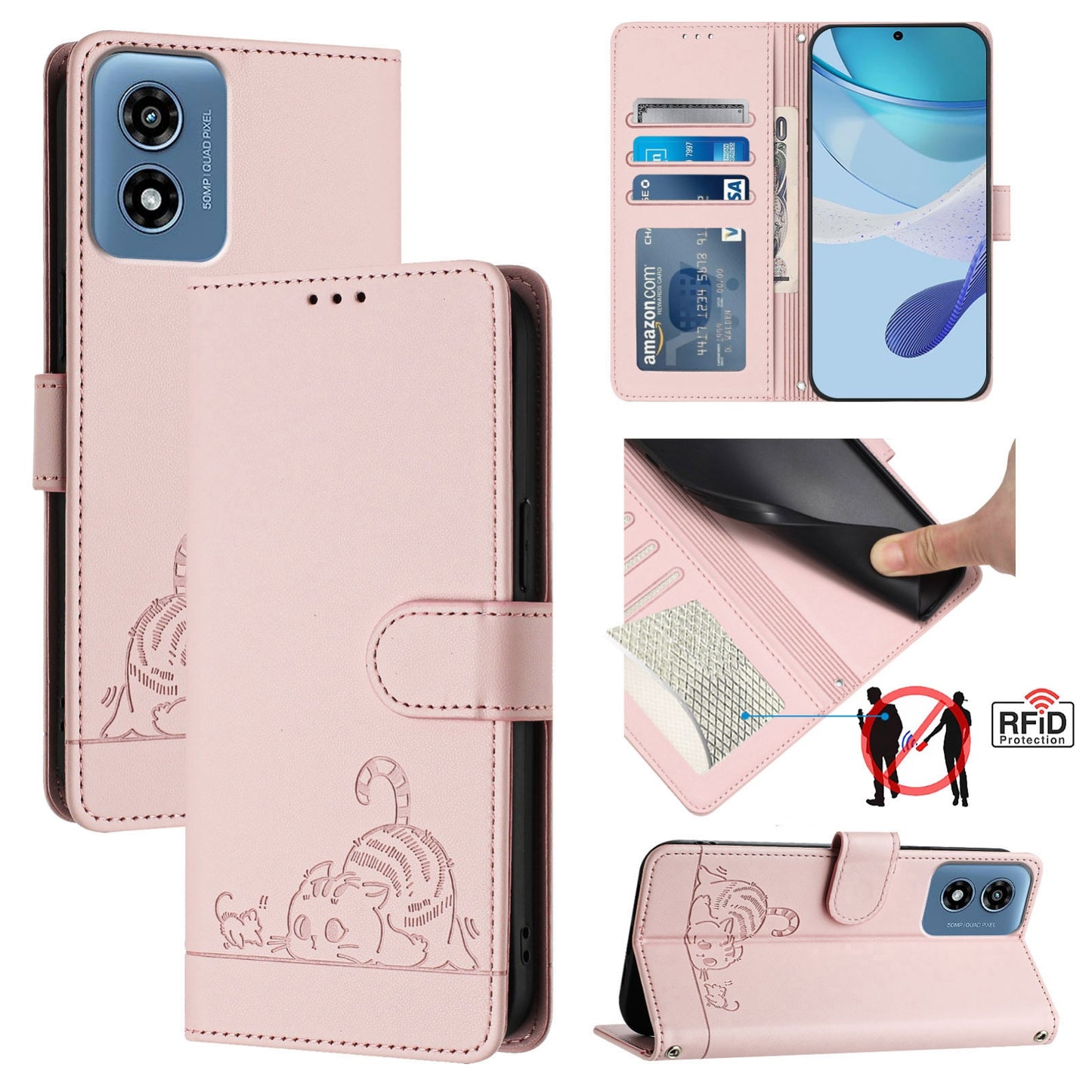 Motorola Moto G 5G 2024 Global Cat & Rat Embossed RFID Leather Case, Lanyard, Wallet, Card Slots, Kickstand, Anti-Fall, Scratch-Resistant