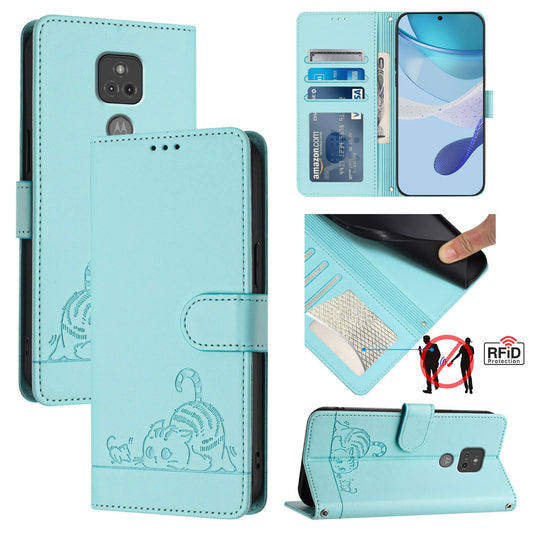 Motorola Moto G Play 2021 Cat & Rat Embossed RFID Leather Case, Lanyard, Wallet, Card Slots, Kickstand, Anti-Fall, Scratch-Resistant