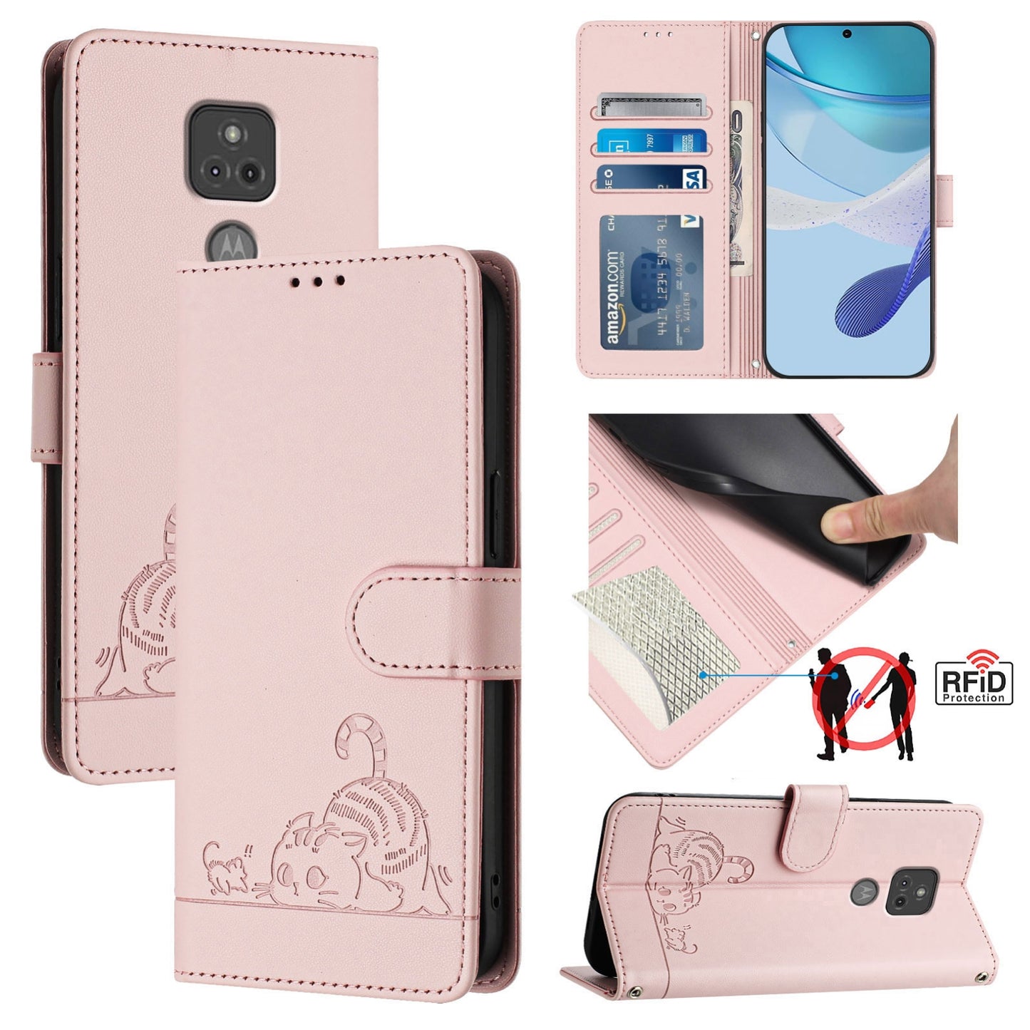 Motorola Moto G Play 2021 Cat & Rat Embossed RFID Leather Case, Lanyard, Wallet, Card Slots, Kickstand, Anti-Fall, Scratch-Resistant