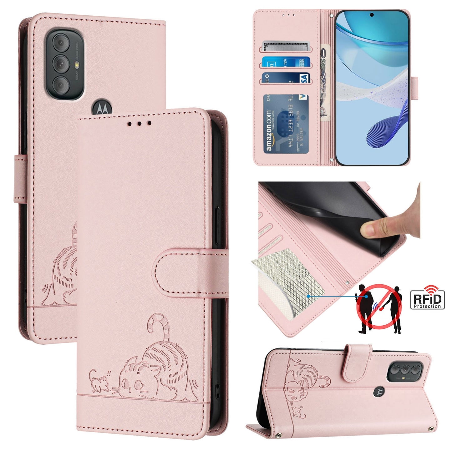 Motorola Moto G Power 2022 Cat & Rat Embossed RFID Leather Case, Lanyard, Wallet, Card Slots, Kickstand, Anti-Fall, Scratch-Resistant