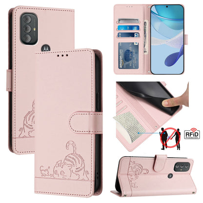 Motorola Moto G Power 2022 Cat & Rat Embossed RFID Leather Case, Lanyard, Wallet, Card Slots, Kickstand, Anti-Fall, Scratch-Resistant