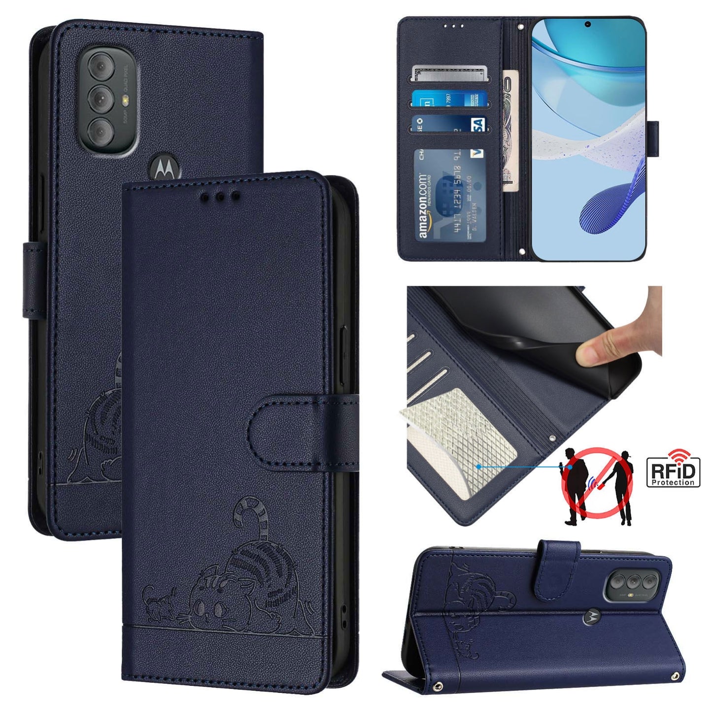 Motorola Moto G Power 2022 Cat & Rat Embossed RFID Leather Case, Lanyard, Wallet, Card Slots, Kickstand, Anti-Fall, Scratch-Resistant