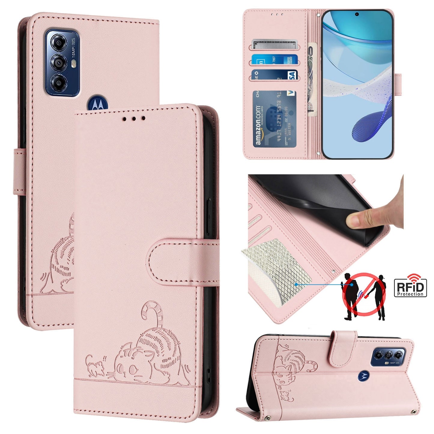 Motorola G Pure Cat & Rat Embossed RFID Leather Case, Lanyard, Wallet, Card Slots, Kickstand, Anti-Fall, Scratch-Resistant