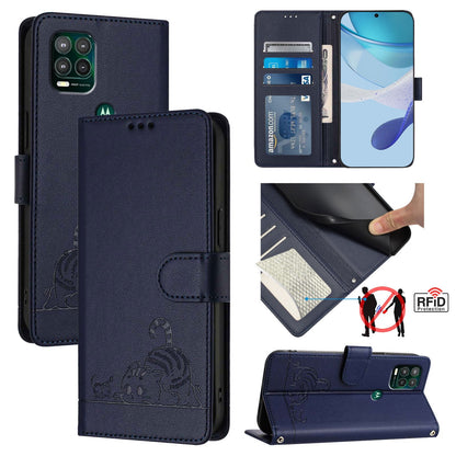 Motorola Moto G Stylus 5G 2021 Cat & Rat Embossed RFID Leather Case, Lanyard, Wallet, Card Slots, Kickstand, Anti-Fall, Scratch-Resistant
