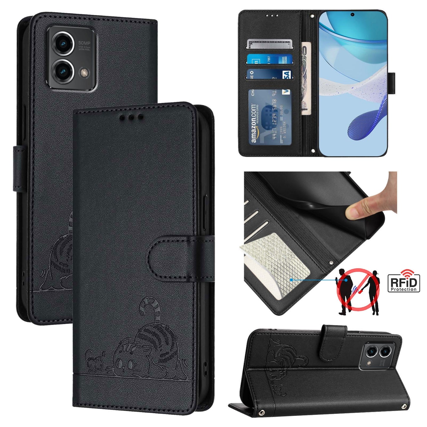 Motorola Moto G Stylus 5G 2024 Cat & Rat Embossed RFID Leather Case, Lanyard, Wallet, Card Slots, Kickstand, Anti-Fall, Scratch-Resistant