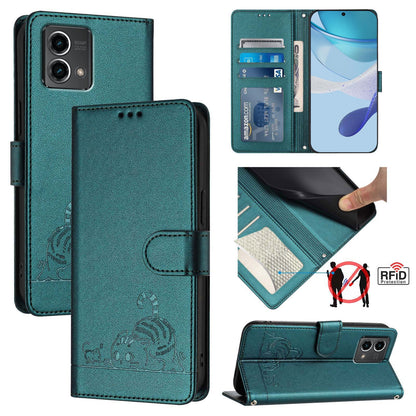 Motorola Moto G Stylus 5G 2024 Cat & Rat Embossed RFID Leather Case, Lanyard, Wallet, Card Slots, Kickstand, Anti-Fall, Scratch-Resistant