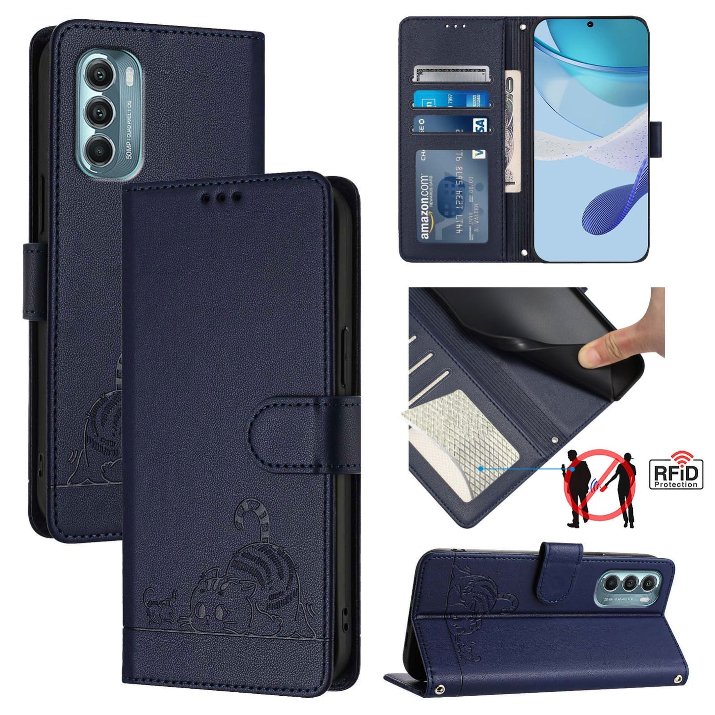 Motorola Moto G Stylus 5G 2022 Cat & Rat Embossed RFID Leather Case, Lanyard, Wallet, Card Slots, Kickstand, Anti-Fall, Scratch-Resistant