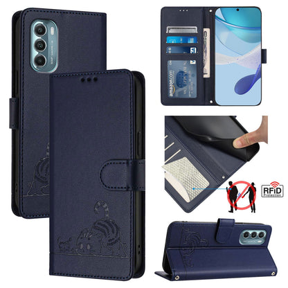 Motorola Moto G Stylus 5G 2022 Cat & Rat Embossed RFID Leather Case, Lanyard, Wallet, Card Slots, Kickstand, Anti-Fall, Scratch-Resistant