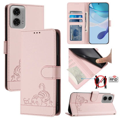 Motorola Moto G24 4G Global Cat & Rat Embossed RFID Leather Case, Lanyard, Wallet, Card Slots, Kickstand, Anti-Fall, Scratch-Resistant
