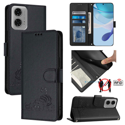 Motorola Moto G24 4G Global Cat & Rat Embossed RFID Leather Case, Lanyard, Wallet, Card Slots, Kickstand, Anti-Fall, Scratch-Resistant