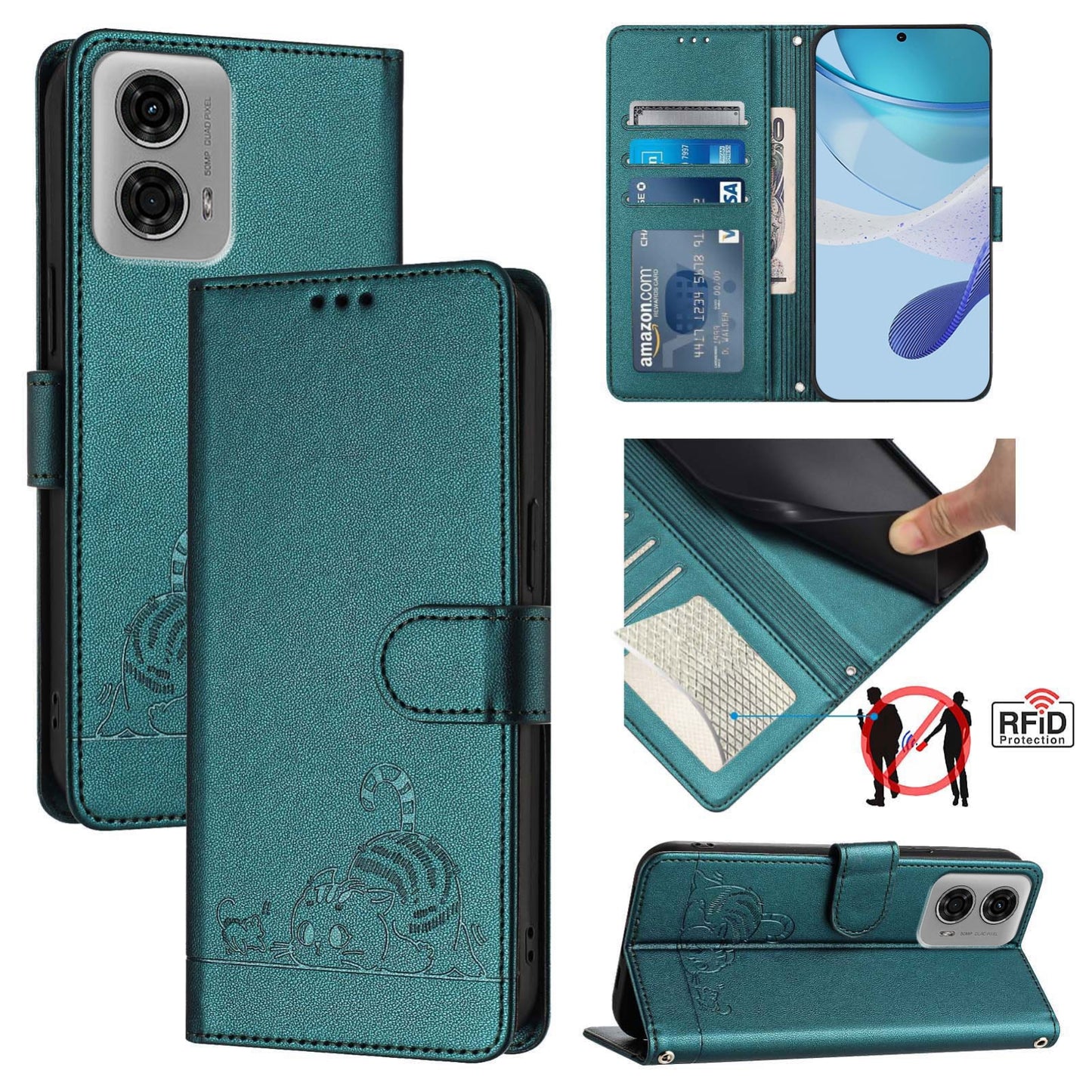 Motorola Moto G24 4G Global Cat & Rat Embossed RFID Leather Case, Lanyard, Wallet, Card Slots, Kickstand, Anti-Fall, Scratch-Resistant