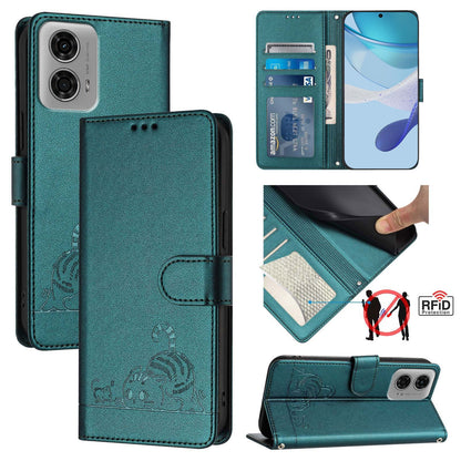 Motorola Moto G24 4G Global Cat & Rat Embossed RFID Leather Case, Lanyard, Wallet, Card Slots, Kickstand, Anti-Fall, Scratch-Resistant
