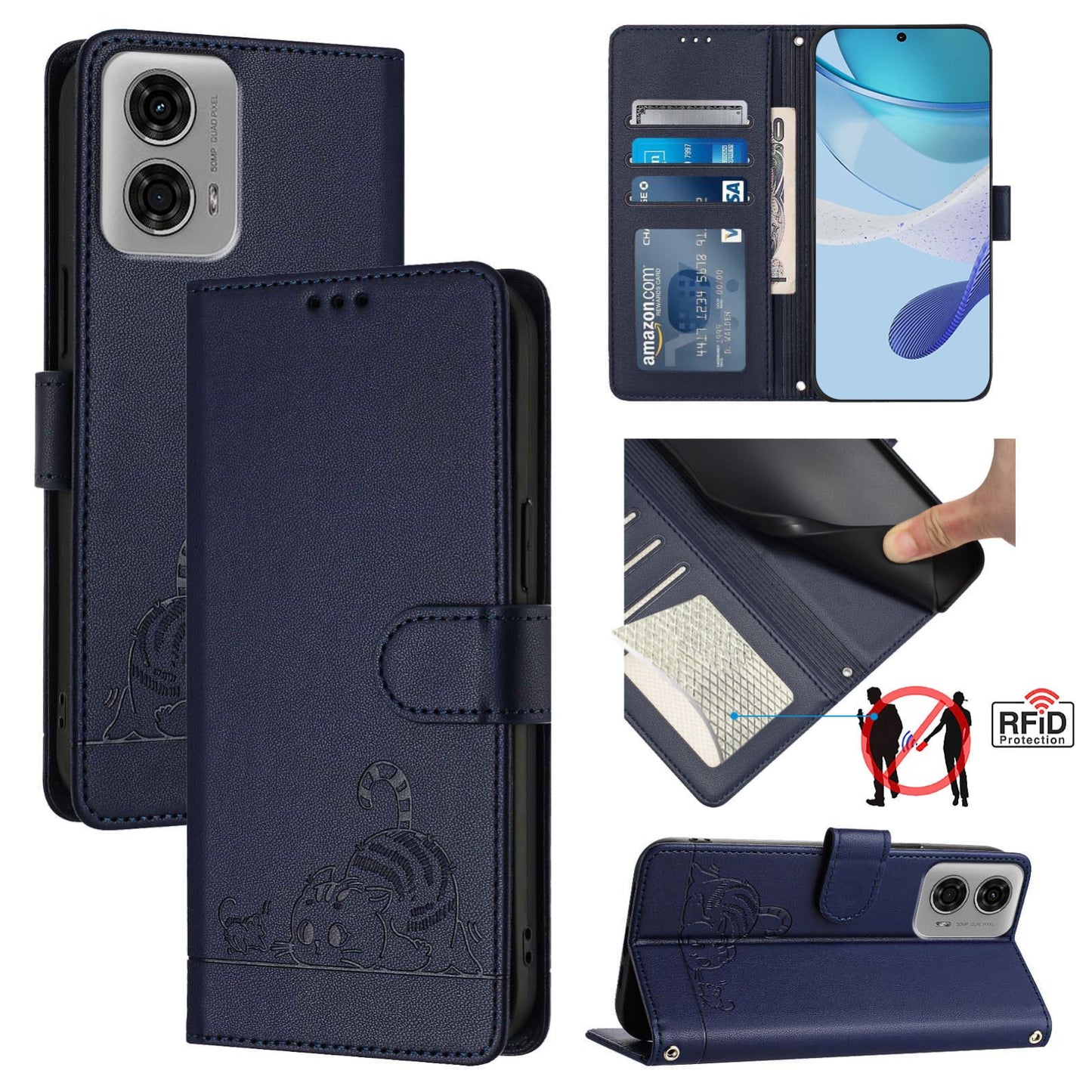 Motorola Moto G24 4G Global Cat & Rat Embossed RFID Leather Case, Lanyard, Wallet, Card Slots, Kickstand, Anti-Fall, Scratch-Resistant