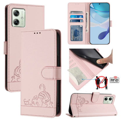 Motorola Moto G14 4G Cat & Rat Embossed RFID Leather Case, Lanyard, Wallet, Card Slots, Kickstand, Anti-Fall, Scratch-Resistant