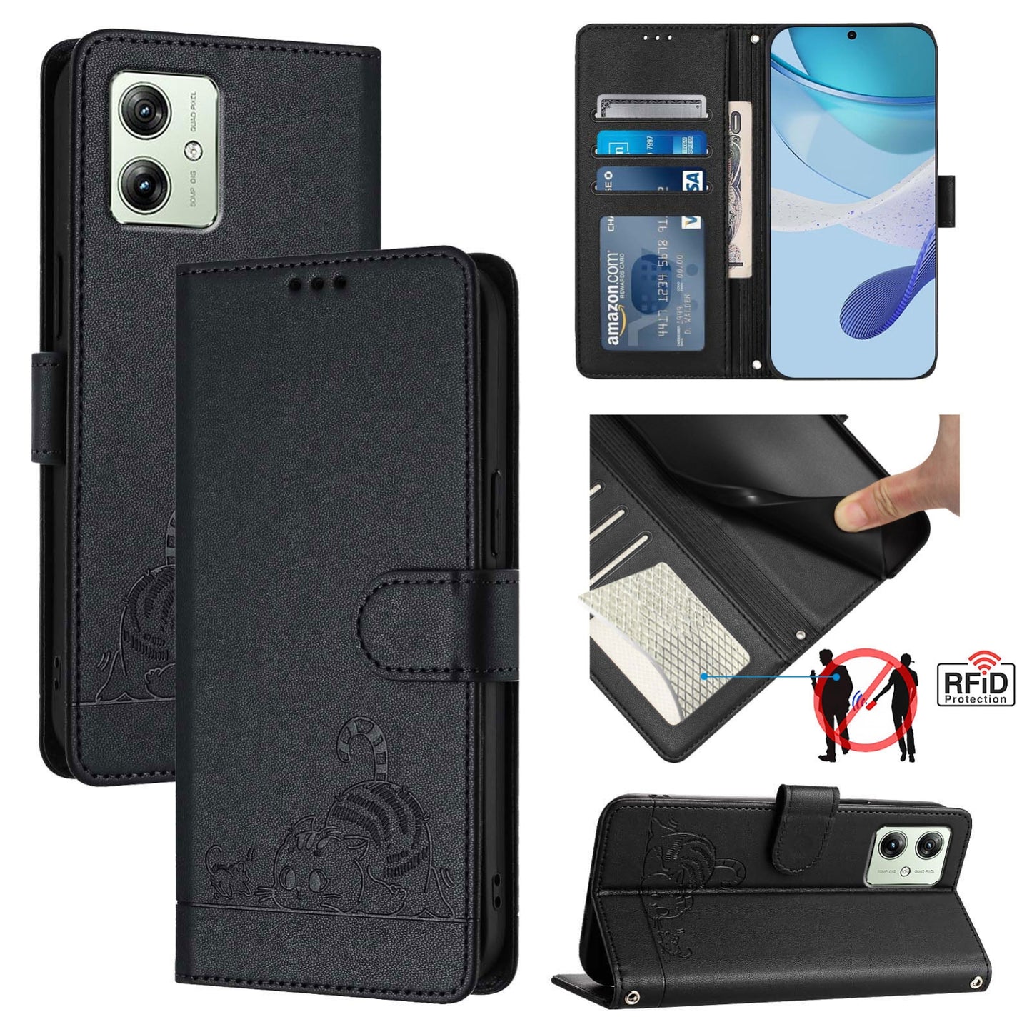 Motorola Moto G14 4G Cat & Rat Embossed RFID Leather Case, Lanyard, Wallet, Card Slots, Kickstand, Anti-Fall, Scratch-Resistant