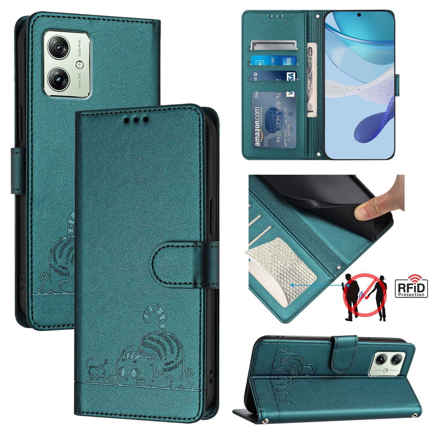 Motorola Moto G14 4G Cat & Rat Embossed RFID Leather Case, Lanyard, Wallet, Card Slots, Kickstand, Anti-Fall, Scratch-Resistant