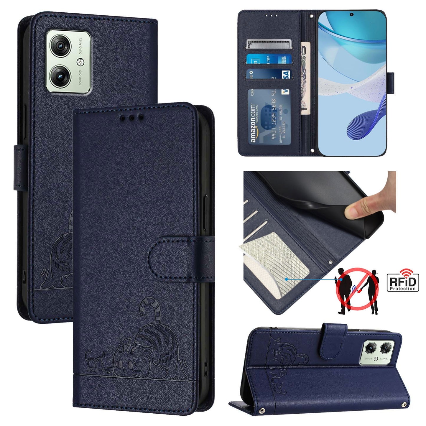 Motorola Moto G14 4G Cat & Rat Embossed RFID Leather Case, Lanyard, Wallet, Card Slots, Kickstand, Anti-Fall, Scratch-Resistant