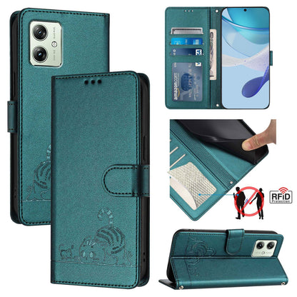 Motorola Moto G54 5G EU Version Cat & Rat Embossed RFID Leather Case, Lanyard, Wallet, Card Slots, Kickstand, Anti-Fall, Scratch-Resistant