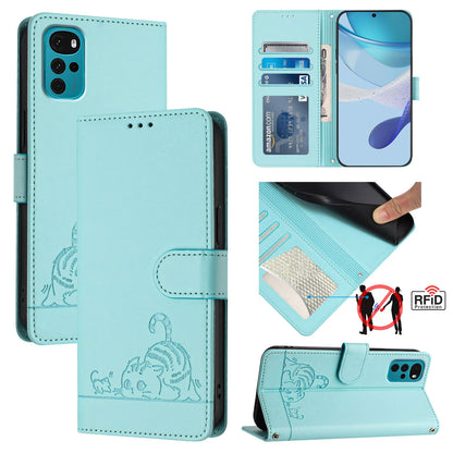 Motorola Moto G22 4G Cat & Rat Embossed RFID Leather Case, Lanyard, Wallet, Card Slots, Kickstand, Anti-Fall, Scratch-Resistant