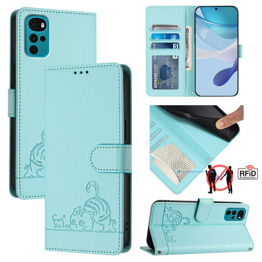 Motorola Moto G22 4G Cat & Rat Embossed RFID Leather Case, Lanyard, Wallet, Card Slots, Kickstand, Anti-Fall, Scratch-Resistant
