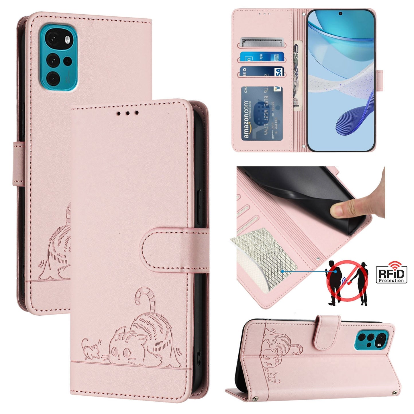 Motorola Moto E32s Cat & Rat Embossed RFID Leather Case, Lanyard, Wallet, Card Slots, Kickstand, Anti-Fall, Scratch-Resistant