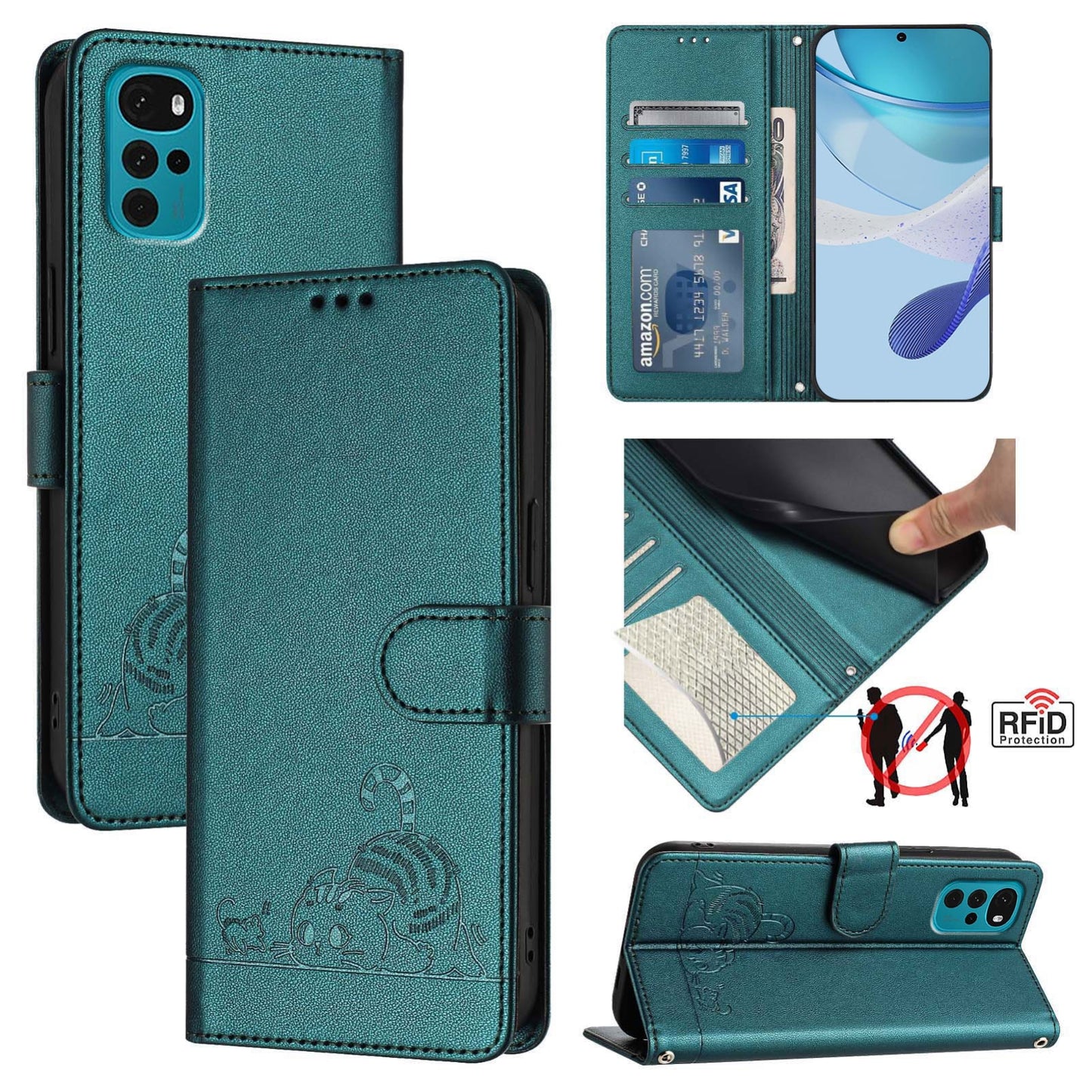 Motorola Moto G22 4G Cat & Rat Embossed RFID Leather Case, Lanyard, Wallet, Card Slots, Kickstand, Anti-Fall, Scratch-Resistant
