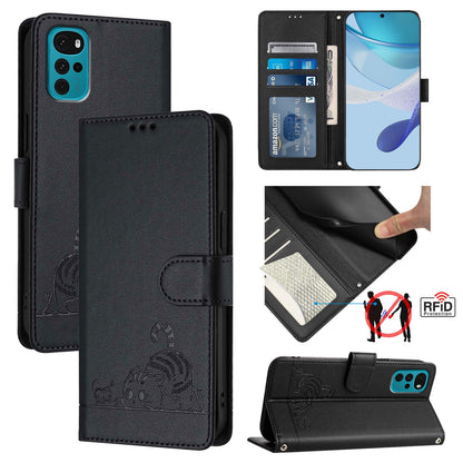 Motorola Moto E32 4G India Cat & Rat Embossed RFID Leather Case, Lanyard, Wallet, Card Slots, Kickstand, Anti-Fall, Scratch-Resistant