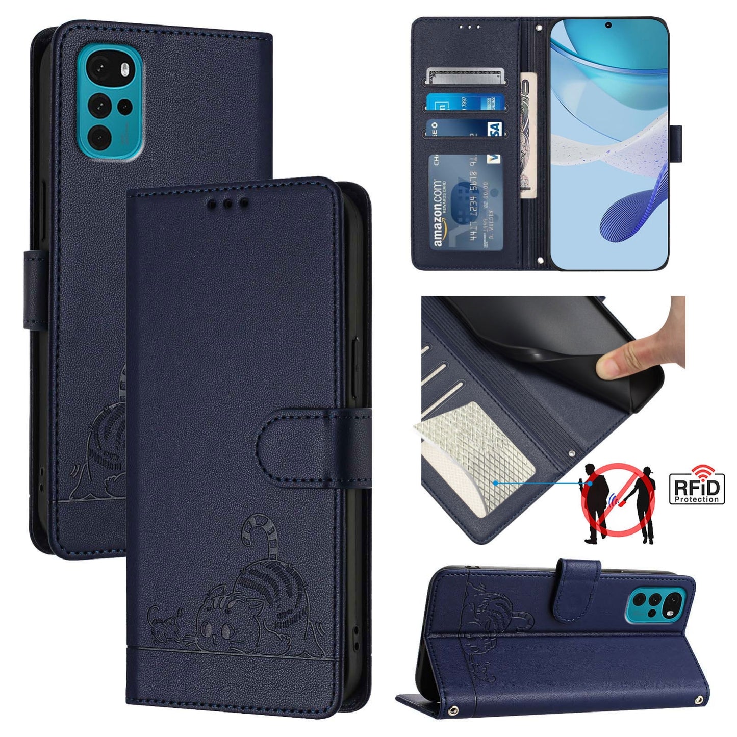 Motorola Moto E22s 4G Global Cat & Rat Embossed RFID Leather Case, Lanyard, Wallet, Card Slots, Kickstand, Anti-Fall, Scratch-Resistant
