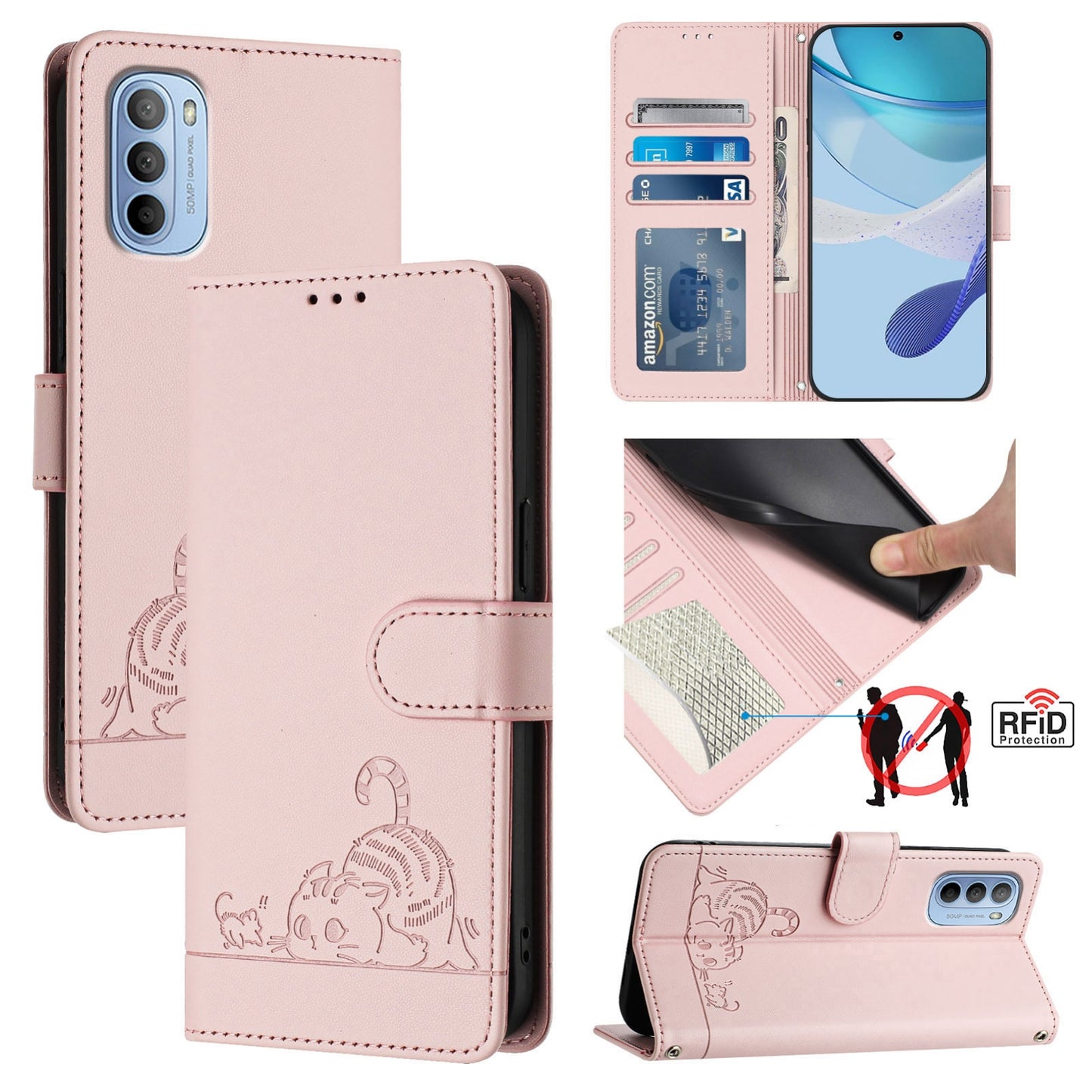 Motorola Moto G31 4G Global Cat & Rat Embossed RFID Leather Case, Lanyard, Wallet, Card Slots, Kickstand, Anti-Fall, Scratch-Resistant