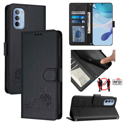 Motorola Moto G41 4G Cat & Rat Embossed RFID Leather Case, Lanyard, Wallet, Card Slots, Kickstand, Anti-Fall, Scratch-Resistant