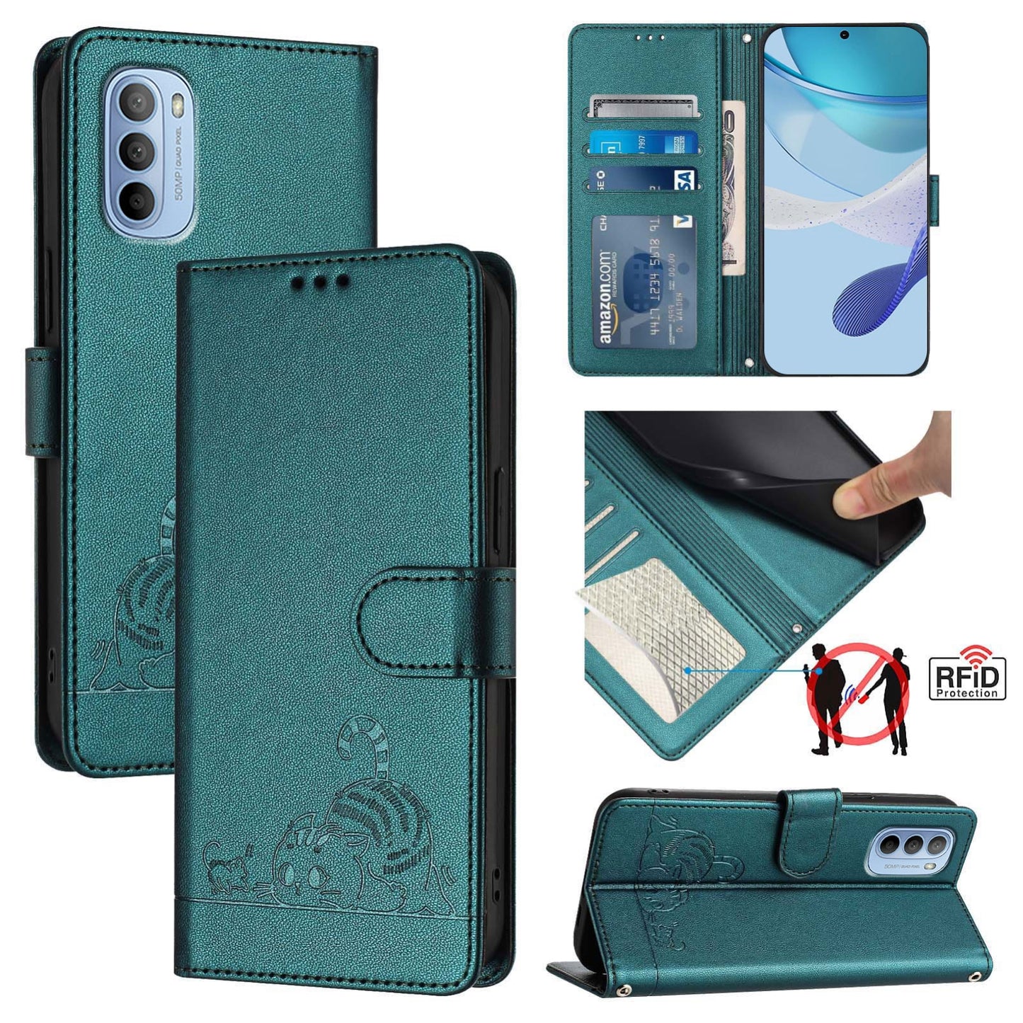 Motorola Moto G31 4G Global Cat & Rat Embossed RFID Leather Case, Lanyard, Wallet, Card Slots, Kickstand, Anti-Fall, Scratch-Resistant