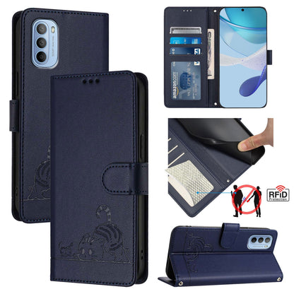 Motorola Moto G31 4G Global Cat & Rat Embossed RFID Leather Case, Lanyard, Wallet, Card Slots, Kickstand, Anti-Fall, Scratch-Resistant