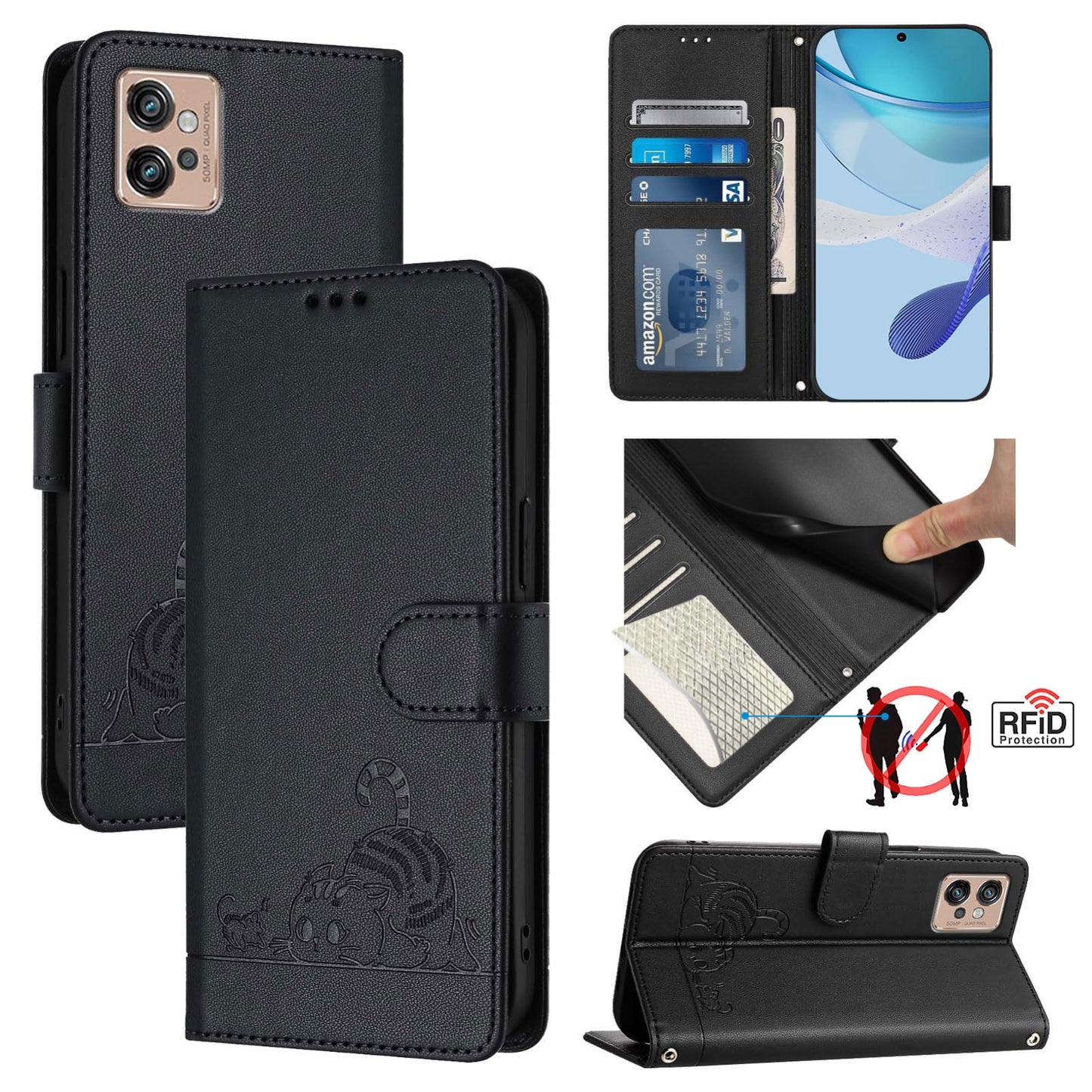 Motorola Moto G32 Cat & Rat Embossed RFID Leather Case, Lanyard, Wallet, Card Slots, Kickstand, Anti-Fall, Scratch-Resistant