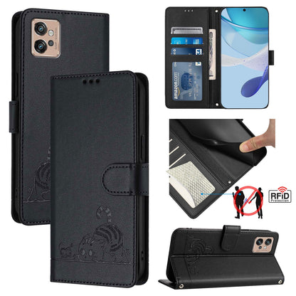 Motorola Moto G32 Cat & Rat Embossed RFID Leather Case, Lanyard, Wallet, Card Slots, Kickstand, Anti-Fall, Scratch-Resistant