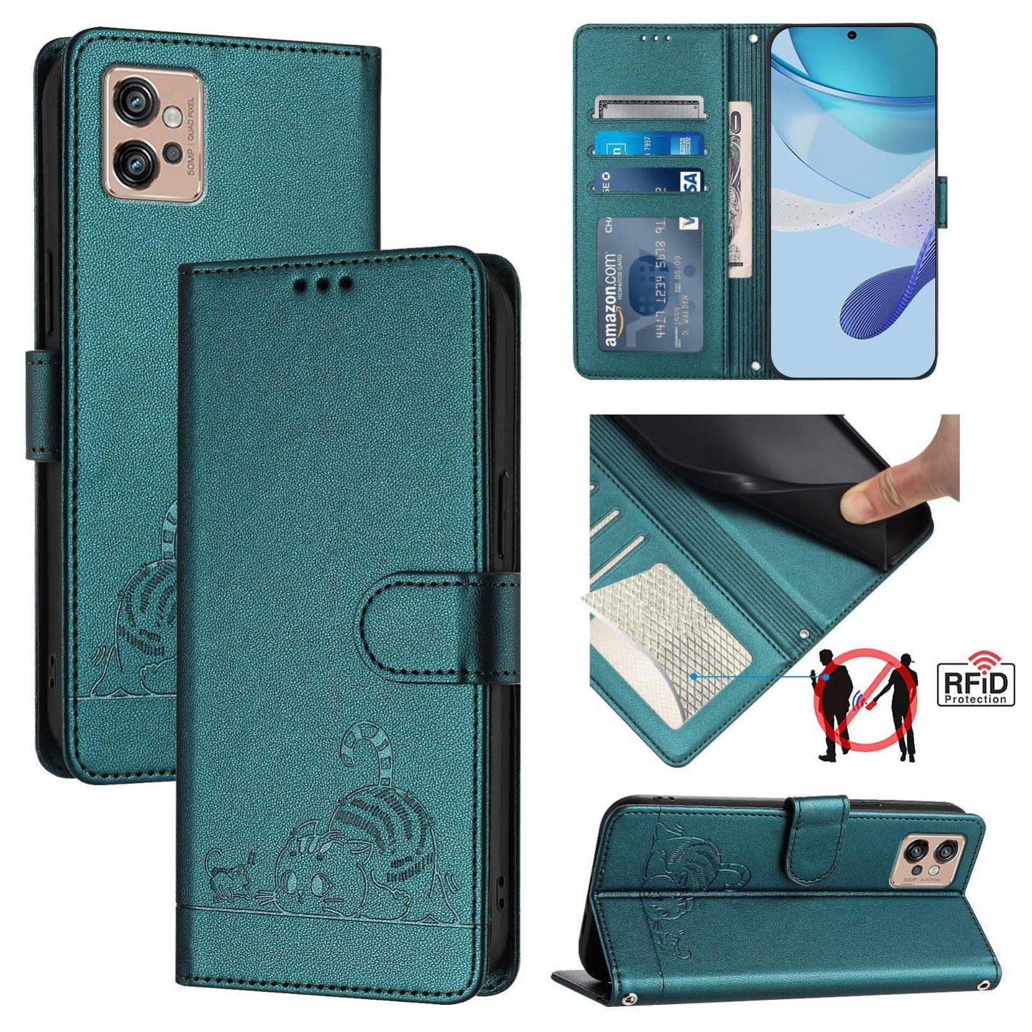 Motorola Moto G32 Cat & Rat Embossed RFID Leather Case, Lanyard, Wallet, Card Slots, Kickstand, Anti-Fall, Scratch-Resistant