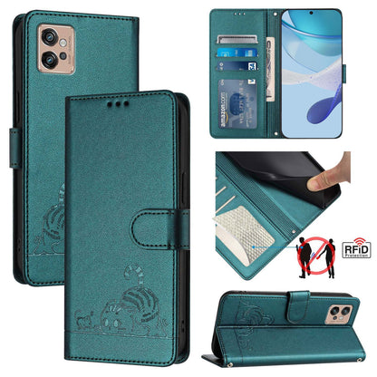 Motorola Moto G32 Cat & Rat Embossed RFID Leather Case, Lanyard, Wallet, Card Slots, Kickstand, Anti-Fall, Scratch-Resistant