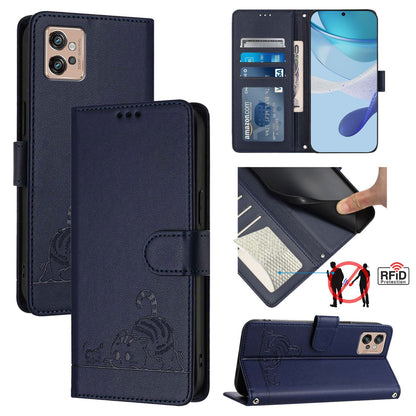 Motorola Moto G32 Cat & Rat Embossed RFID Leather Case, Lanyard, Wallet, Card Slots, Kickstand, Anti-Fall, Scratch-Resistant
