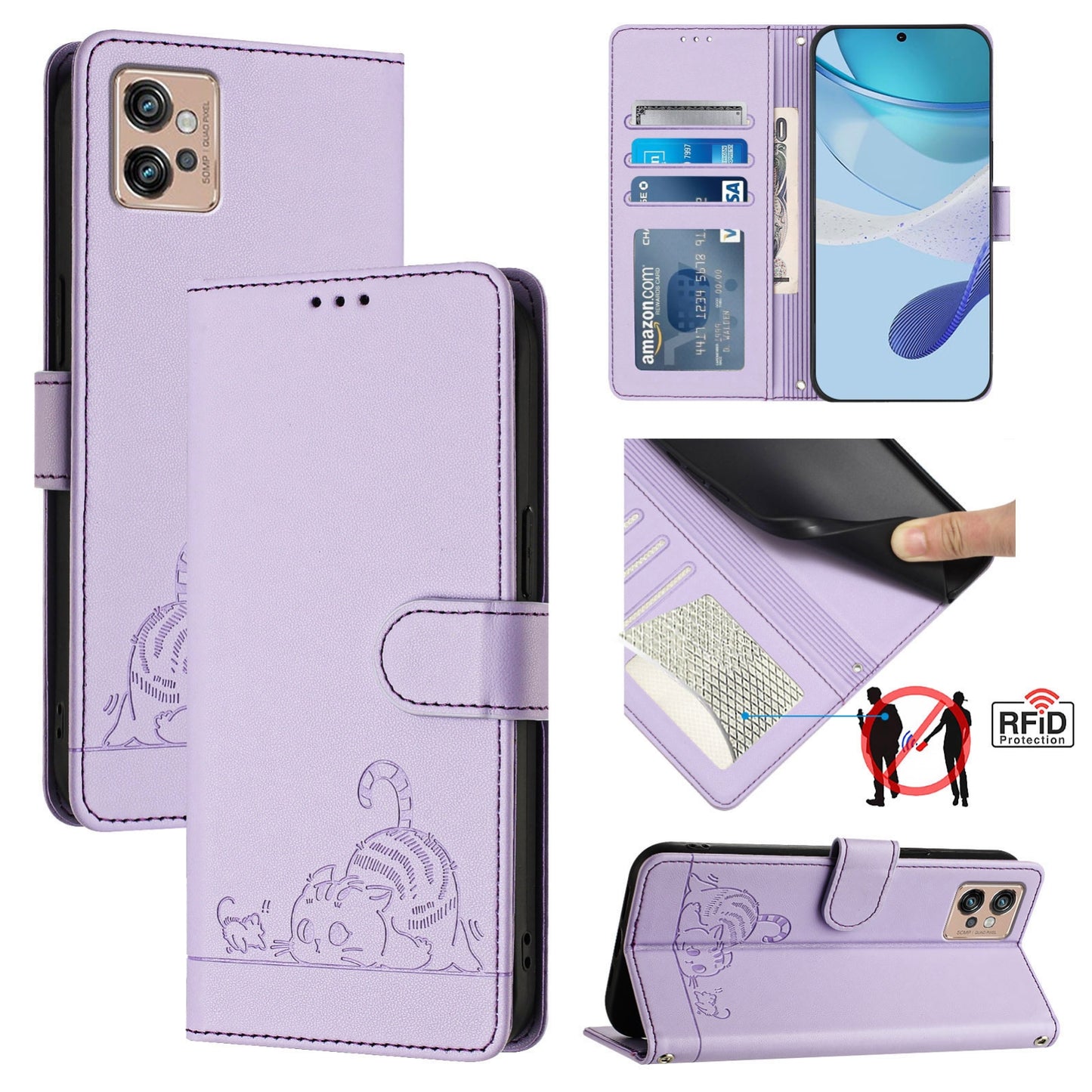 Motorola Moto G32 Cat & Rat Embossed RFID Leather Case, Lanyard, Wallet, Card Slots, Kickstand, Anti-Fall, Scratch-Resistant