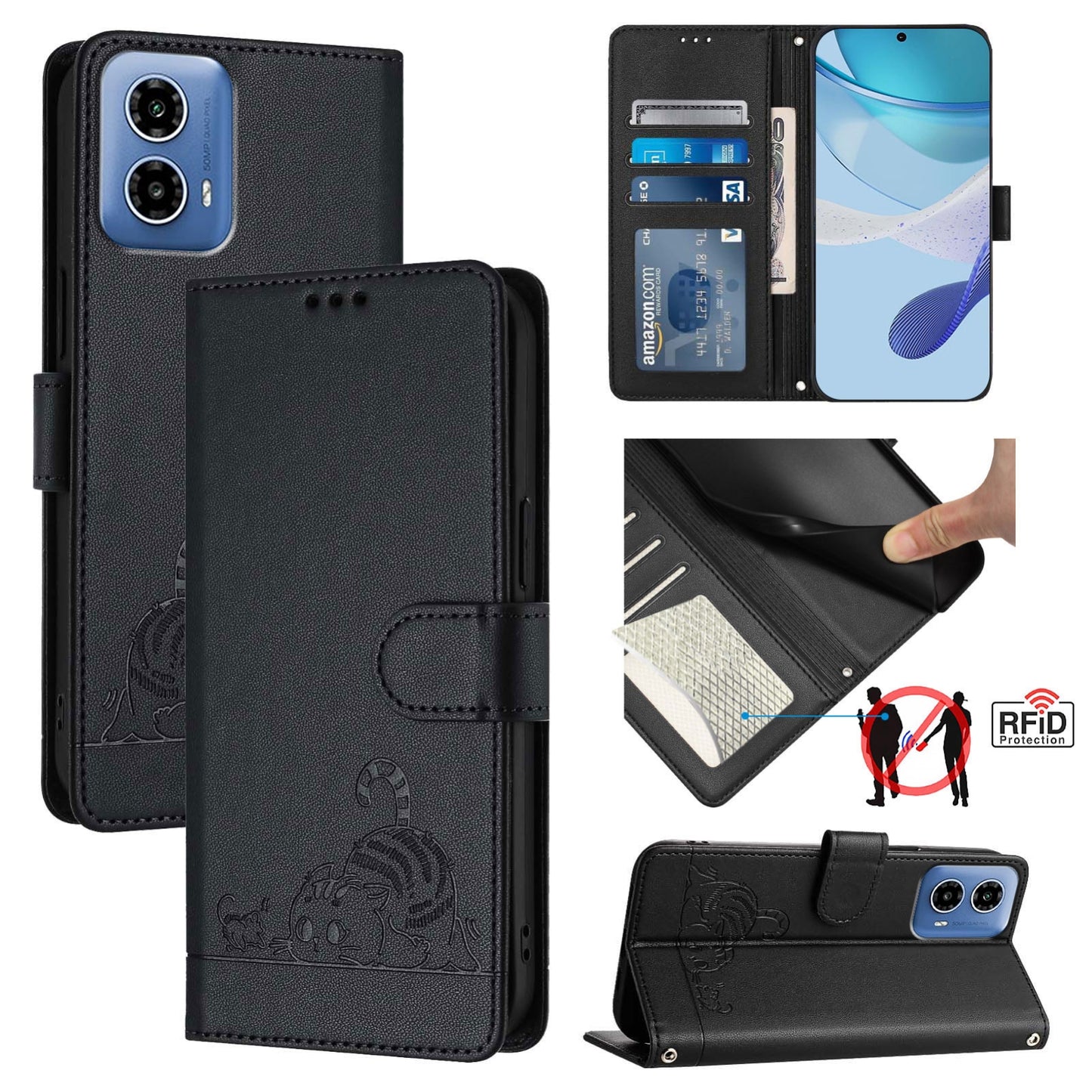 Motorola Moto G34 Global Cat & Rat Embossed RFID Leather Case, Lanyard, Wallet, Card Slots, Kickstand, Anti-Fall, Scratch-Resistant
