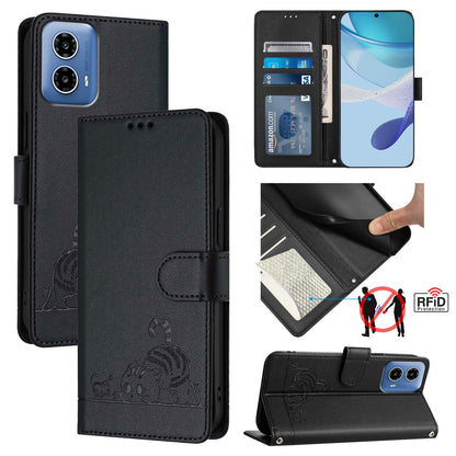 Motorola Moto G34 Global Cat & Rat Embossed RFID Leather Case, Lanyard, Wallet, Card Slots, Kickstand, Anti-Fall, Scratch-Resistant