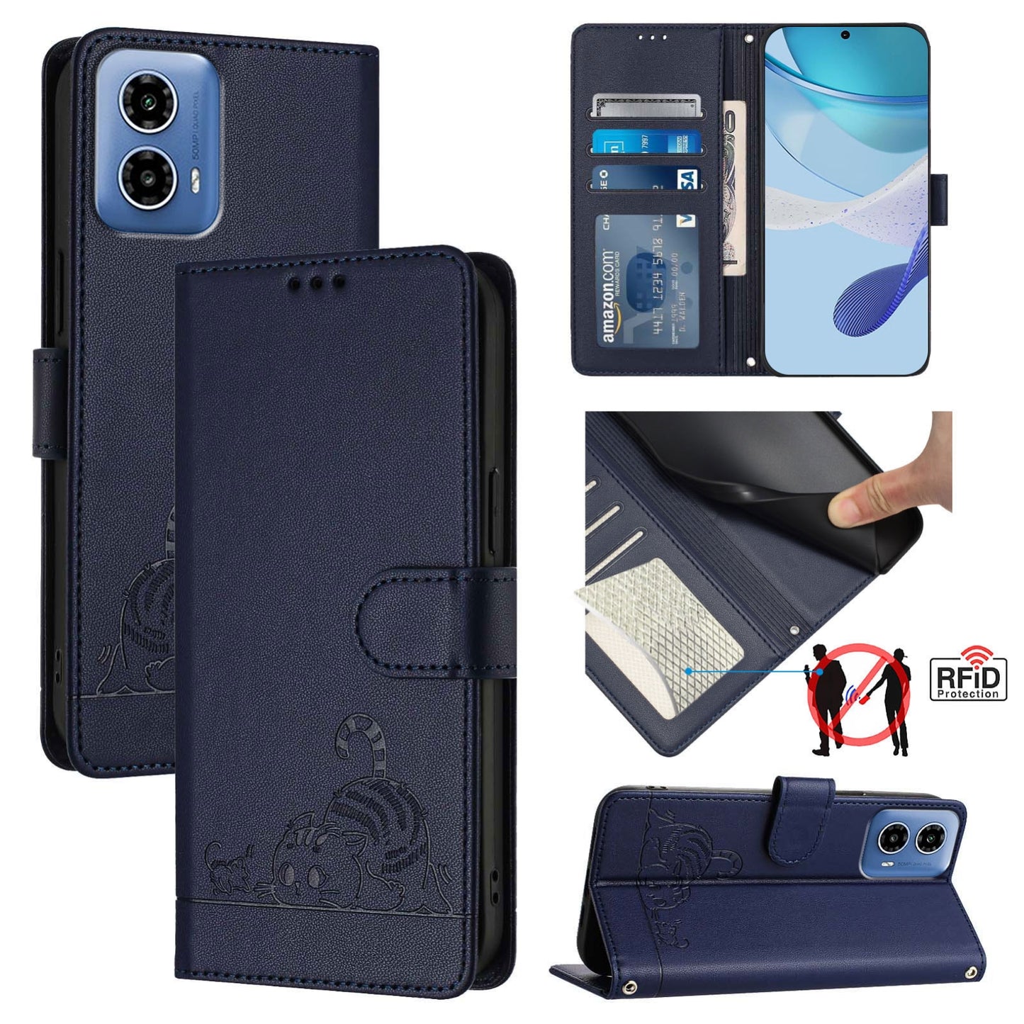 Motorola Moto G34 Global Cat & Rat Embossed RFID Leather Case, Lanyard, Wallet, Card Slots, Kickstand, Anti-Fall, Scratch-Resistant