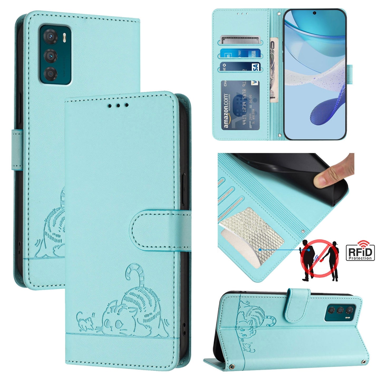 Motorola Moto G42 Cat & Rat Embossed RFID Leather Case, Lanyard, Wallet, Card Slots, Kickstand, Anti-Fall, Scratch-Resistant