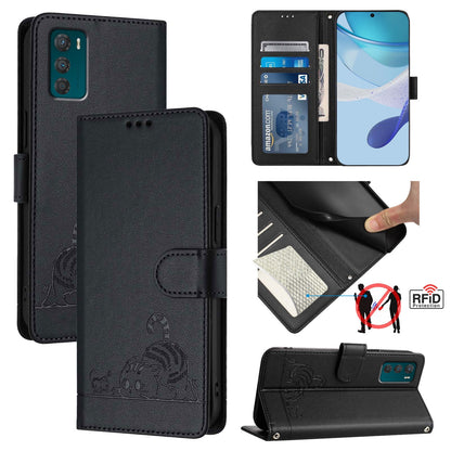 Motorola Moto G42 Cat & Rat Embossed RFID Leather Case, Lanyard, Wallet, Card Slots, Kickstand, Anti-Fall, Scratch-Resistant
