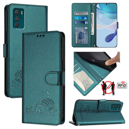 Motorola Moto G42 Cat & Rat Embossed RFID Leather Case, Lanyard, Wallet, Card Slots, Kickstand, Anti-Fall, Scratch-Resistant